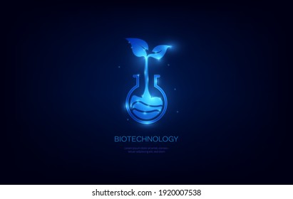 Konzept der Biotechnologie Futuristische wissenschaftliche Hintergrund mit Laborkolben mit Pflanzenlogotyp