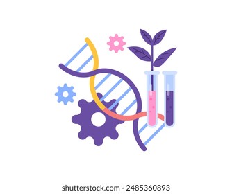 biotechnology concept. Genetically Modified Organisms. modify or change the genetic properties of plants. illustration of test tube bottles, plants, gear and DNA. symbol or icon. flat style design