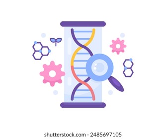 biotechnology concept. Genetically Modified Organisms. modify or change the genetic properties of plants. illustration of tube, magnifying glass, gear and DNA. symbol or icon. flat style design