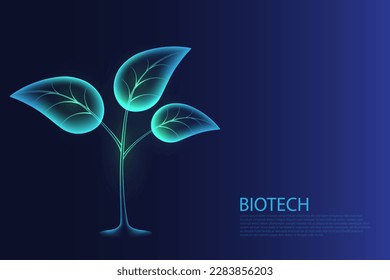 Biotechnology concept. Green growing plant sprout. Plant hologram on blue background. vector illustration.