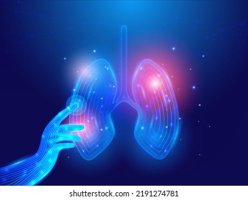 Biotechnology Concept With Human Lungs Touching By Hands. AI Healthcare Background With Blockchain Technology.