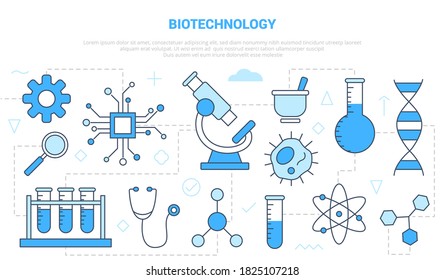 concepto de biotecnología con un cartel de plantilla de conjunto de iconos con estilo de color azul moderno
