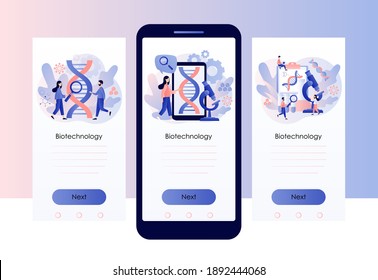 Biotechnology concept. Innovation, science, laboratory research,  genetic testing, chemical, GMO, bioengineering and organism.Screen template for mobile smart phone. Modern flat cartoon style. Vector