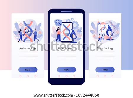 Biotechnology concept. Innovation, science, laboratory research,  genetic testing, chemical, GMO, bioengineering and organism.Screen template for mobile smart phone. Modern flat cartoon style. Vector