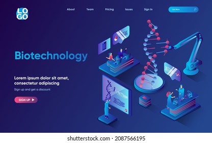 Biotechnology concept isometric landing page. Scientist team working with DNA molecule, genetic engineering research, 3d web banner template. Vector illustration with people scene in flat design