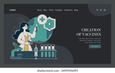 Concepto de biotecnología. Un investigador que desarrolla vacunas con equipos de laboratorio y un globo que destaca la atención médica. Ciencia de la innovación para la protección de la salud mundial. Ilustración vectorial.