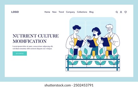 Biotechnology concept. Researchers modifying plant nutrients in a lab setting. Collaboration in scientific agriculture innovation. Vector illustration.