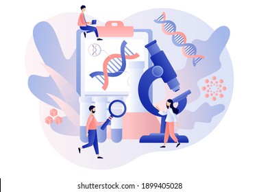 Biotechnology concept. Science, laboratory research,  genetic testing, chemical, GMO, bioengineering and organism. Tiny people study dna use microscope. Modern flat cartoon style. Vector illustration