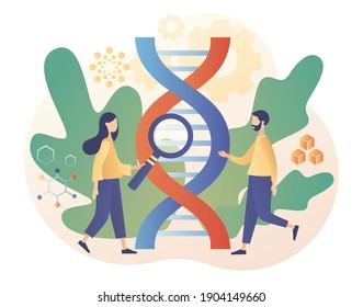 Concepto de biotecnología. Ciencia, investigación de laboratorio, pruebas genéticas, química, OMG, bioingeniería y organismo. Las pequeñas personas estudian y usan microscopio. Estilo moderno de dibujos animados planos. Ilustración del vector