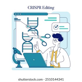 Concepto de biotecnología. Un científico se dedica a la edición de genes CRISPR con análisis de secuencia de ADN digital. Ingeniería genética e innovación en medicina. Ilustración vectorial.