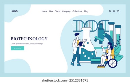 Biotechnology concept. A scientist explains advanced biological processes to a person in a wheelchair amidst lab equipment. Innovative healthcare research. Vector illustration.