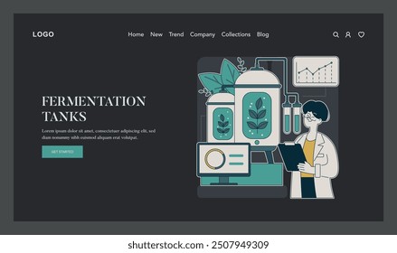 Biotechnology concept. Scientist monitoring advanced fermentation tanks in a laboratory setting. Scientific research, process innovation. Vector illustration.