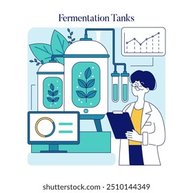 Biotechnology concept. Scientist monitoring bio-fermentation process in lab with industrial tanks. Plant-based bioproduct development. Vector illustration.