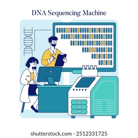 Conceito de biotecnologia. Cientistas usando uma máquina de sequenciamento de DNA em um laboratório moderno. Pesquisa genômica e inovação em saúde. Ilustração vetorial.