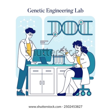 Biotechnology concept. Scientists working in a genetic engineering lab with DNA helix structures. Innovation and research in science. Vector illustration.