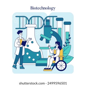 Biotechnology concept. Scientists working in a lab with DNA helix, microscopic research and innovation. Inclusivity in modern science. Vector illustration.