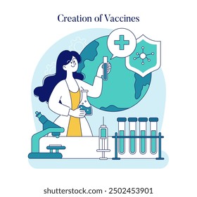 Biotechnology concept. Scientists working in a lab with DNA helix, microscopic research and innovation. Inclusivity in modern science. Vector illustration.