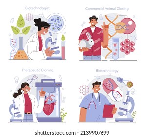 Biotechnology concept set. Cellular and biomolecular processes research for medicine development. Therapeutic or commercial animal cloning innovative technologies. Flat vector illustration