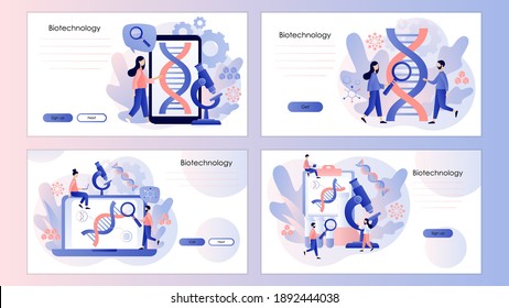 Concepto de biotecnología. Los científicos de las pequeñas personas estudian y usan microscopio. Plantilla de pantalla para teléfono móvil inteligente, página de inicio, plantilla, ui, web, aplicación móvil, afiche, banner, volante. Ilustración del vector 