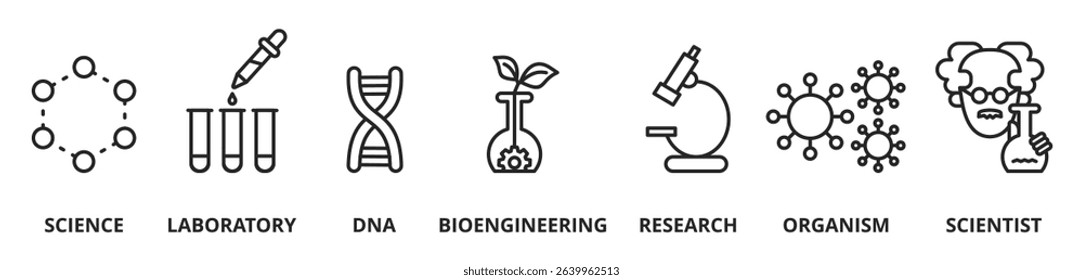 Biotechnology concept Vector Illustration. Horizontal banner. Contains icons bioengineering, DNA, Research, Science, laboratory