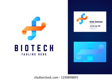 Biotechnology dna logo and business card template. Simple line logotype with dna sign for laboratories and medical centres. Vector illustration.