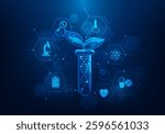biotechnology and dna plant in tube technology. science chemistry in laboratory on blue background. vector illustration fantastic low poly.