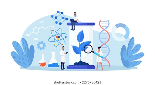 Biotechnology. Engineers growing green sprouts, plants in soil with cultivation equipment in science laboratory. Science experiment, molecular analysis, biological research for medical herb purpose