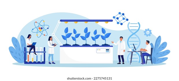 Biotechnology. Engineers growing green sprouts, plants in soil with cultivation equipment in science laboratory. Science experiment, molecular analysis, biological research for medical herb purpose