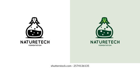 Biotechnology fermentation logo design with the concept of a leaf icon covering a glass