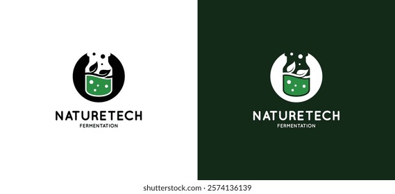 Biotechnology fermentation logo design with a glass icon covered in a leaf icon