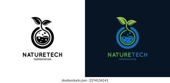 Biotechnology fermentation logo design with natural leaf icon symbol