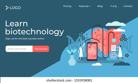 Biotechnology flat tiny persons vector illustration landing page template design. Smart devices artificial intelligence health monitoring, diagnosis app. Medical technology health improvement analysis