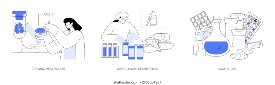 Biotechnology in food industry abstract concept vector illustration set. Growing meat in a lab, adding food preservatives, palm oil use, products engineering, commodity market abstract metaphor.