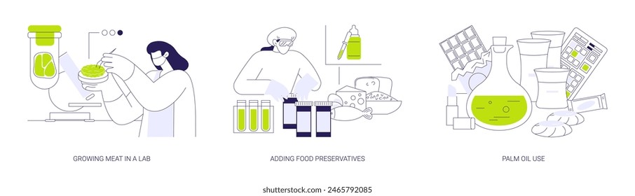 Biotecnología en la industria alimentaria abstracto conjunto de Ilustración vectorial de concepto. Cultivar carne en un laboratorio, agregar conservantes alimentarios, uso de aceite de palma, ingeniería de productos, metáfora abstracta del mercado de productos básicos.