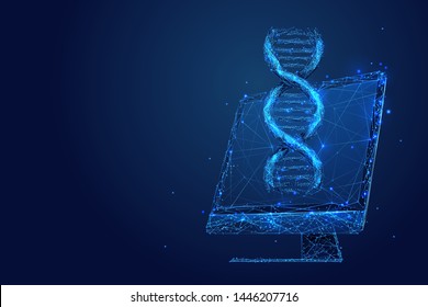 Biotechnology and genetic engineering low poly wireframe illustration. 3D DNA spiral and monitor with connected dots. Polygonal medical technology research mesh art. Double helix molecule on screen
