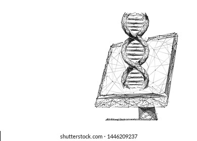 Biotechnology and genetic engineering low poly wireframe illustration. 3D DNA spiral and monitor with connected dots. Polygonal medical technology research mesh art. Double helix molecule on screen