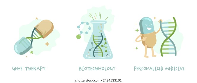 Biotechnology, genetic testing and gene therapy. Laboratory research medical concept. DNA heredity test. Personal genetic analysis report. Vector illustration isolated on a white background.