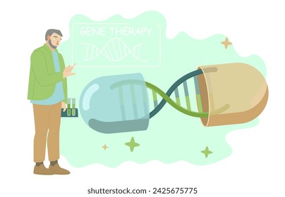 Biotecnología, pruebas genéticas y terapia génica. Concepto médico de investigación de laboratorio. Prueba de herencia de ADN. Informe de análisis genético personal. Ilustración vectorial aislada sobre un fondo blanco.