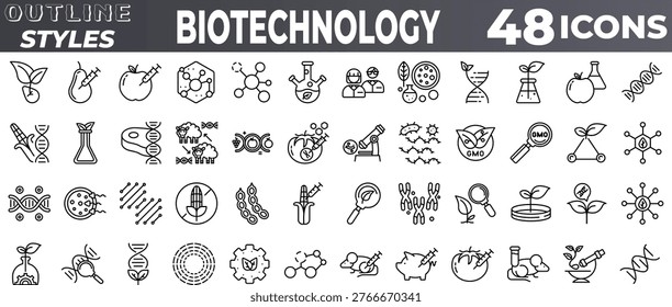 Biotechnology , Genetically Modified Organism GMO and Bio Science Outline Icon Pack with Lab Research Illustrations