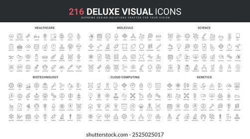 Biotechnology and genetics, chemistry research and structure of molecules, healthcare line icon set. Cloud computing support and algorithms, data download thin black outline symbol vector illustration