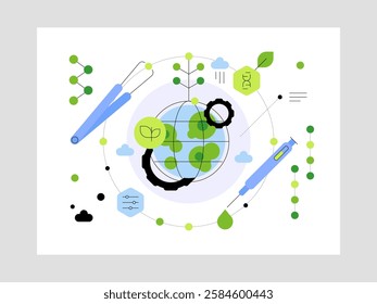 Biotechnology. Global research and scientific experiments. Flat illustration. Vector file.