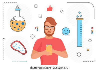 Biotecnología, investigación científica de la gmo ilustración vectorial. Hombre de caricatura con teléfono móvil, desarrollo biotecnológico aislado en blanco