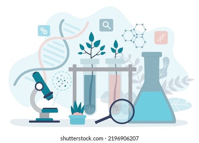 Biotecnología, cultivar nuevos tipos de plantas. Experimentos científicos en plantas, fertilizantes en laboratorio. Ingeniería genética. Diversos frascos, tubos de ensayo y elementos para experimentos e investigaciones. Vector plano