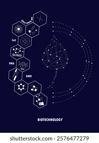 Biotechnology icon, chemical line icons. Chemistry set. Colo white. Contour stroke symbols. Vector line icons set. Frame of a leaf with luminous nodules on a dark background