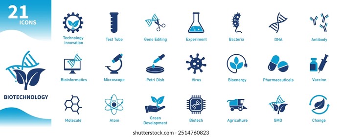 Ícone de biotecnologia. Coleção de ícones sobre ecologia, pesquisa científica, laboratório, DNA, tubo de teste. Ícones de vetor sólido.