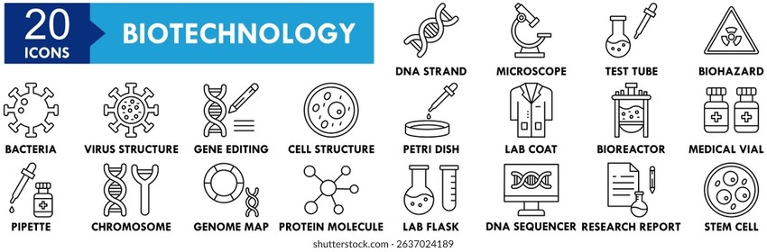 Biotechnology icon collection set. Containing design medicine, research, science, laboratory, biology