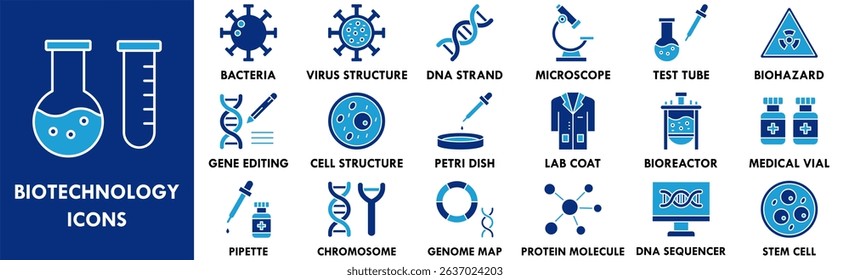 Biotechnology icon collection set. Containing design medicine, research, science, laboratory, biology