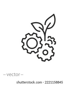 ícono de biotecnología, engranajes con planta en crecimiento, desarrollo industrial, agricultura genética, símbolo de línea delgada sobre fondo blanco - ilustración de vector de trazo editable eps10