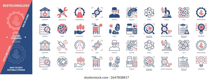 Conjunto de ícones de biotecnologia. Bactérias, Bioengenharia, Pesquisa, Modificação, Células, Engenharia Genética, Fermentação, Levedura. Ícones de contorno sólido e editável de cor duotônica