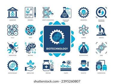 Biotechnology icon set. Biological Organisms, Bioengineering, Research, Modification, Cells, Molecular Biology, Fermentation, Yeast. Duotone color solid icons